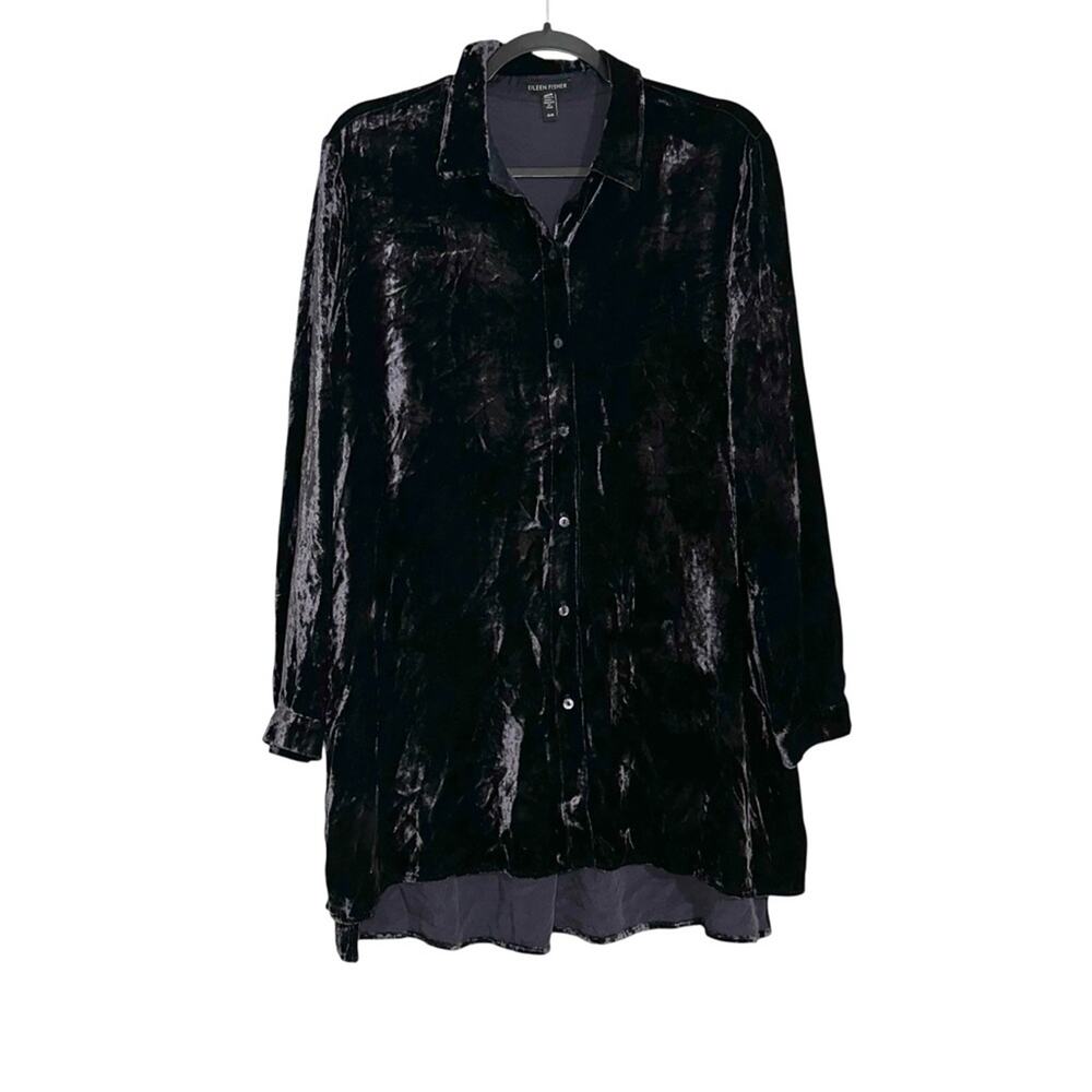 Eileen Fisher Silk Blend Long Sleeve Button Down Purple Velvet Shirt MEDIUM